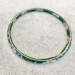 Vintage Chinese Cloisonne Green Floral Enamel Bangle Bracelet